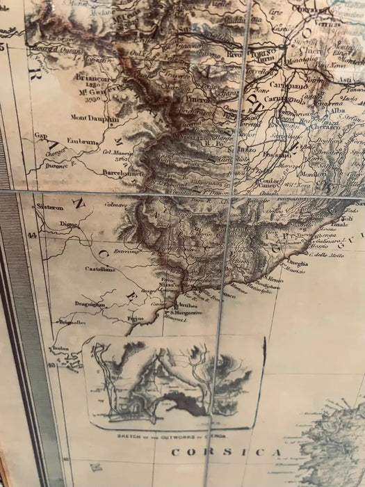Large Vintage Antiqued Stanford Map of Italy in Black & Gold Frame 1990's