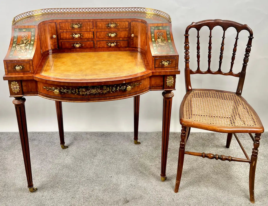 English Regency Carlton House Style Lady Desk & Cane Chair by Maitland Smith