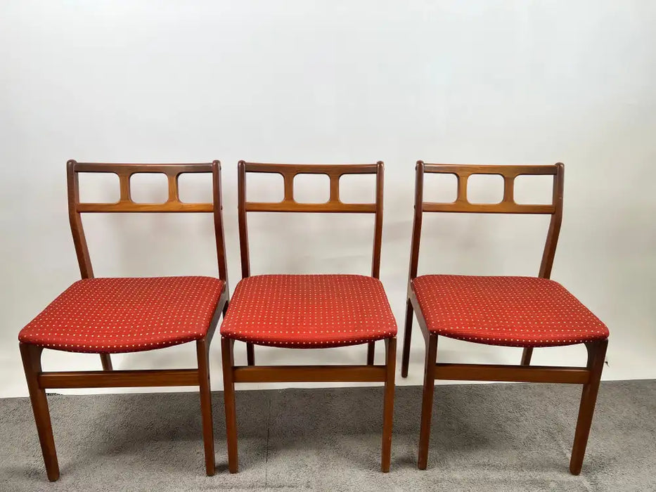 Danish Mid-Century Modern Teak Dining Chairs w Rust Red Dotted Upholstery, Set 6