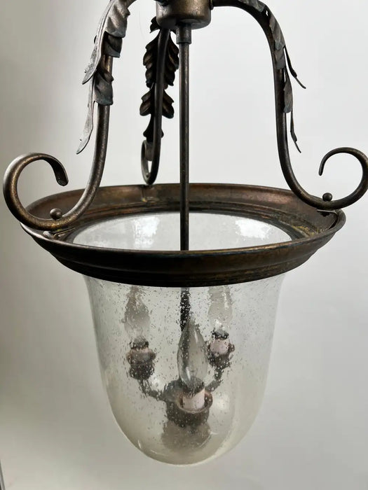 French Regency Style Bell Jar Pendant with Seeded Glass and Acanthus Leaf Bronze