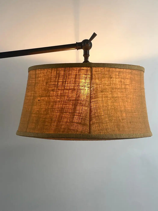 Industrial Style Adjustable Cantilever Arm Floor Lamp with Burlap Drum Shade