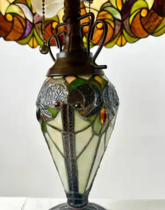 Art Nouveau Tiffany Style Brown & Green Stained Glass Table Lamp, a Pair