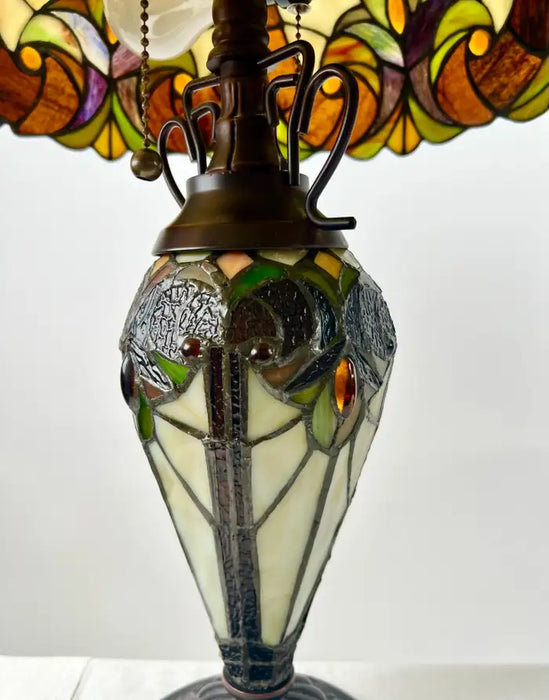 Art Nouveau Tiffany Style Brown & Green Stained Glass Table Lamp, a Pair