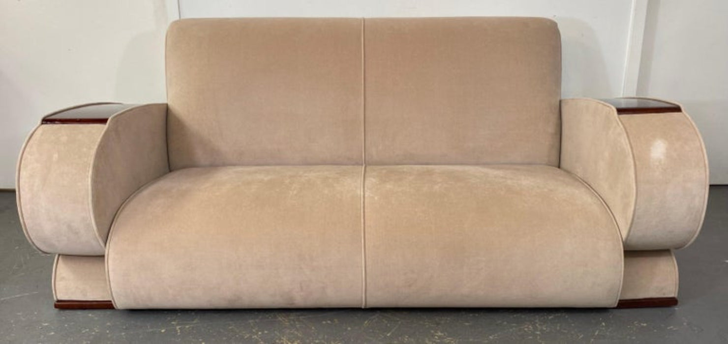 French Art Deco Sofa or Settee with Beige Suede Upholstery & Rosewood Armrests
