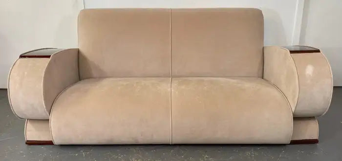 French Art Deco Sofa or Settee with Beige Velvet Upholstery & Rosewood Armrests
