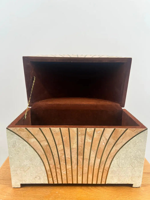 Art Deco Style Maitland-Smith Tessellated Pink Marble & Brass Chest, Jewelry Box