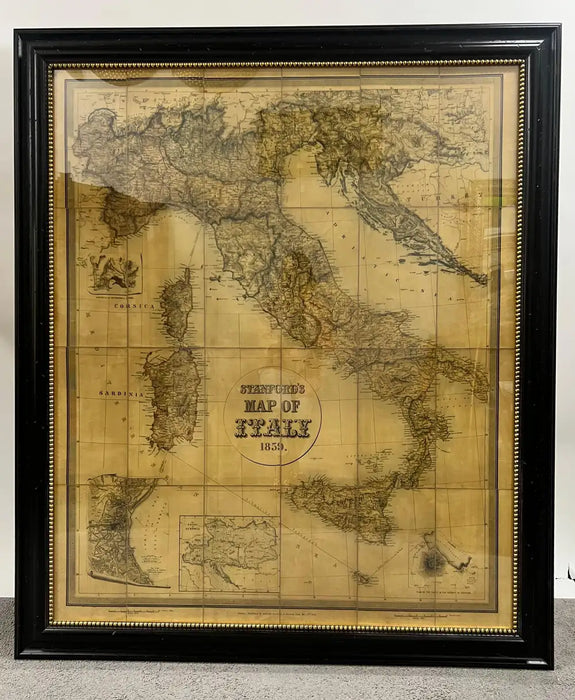 Large Vintage Antiqued Stanford Map of Italy in Black & Gold Frame 1990's