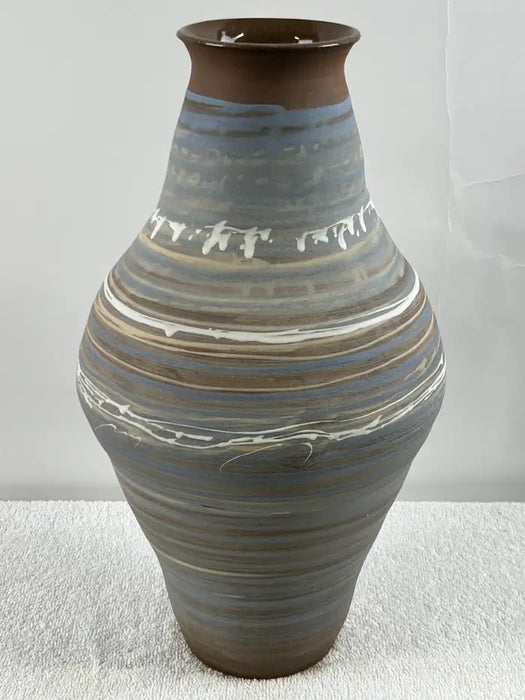 Vintage Handmade Pottery Vase with Blue & Earth-Tone Swirl Glaze