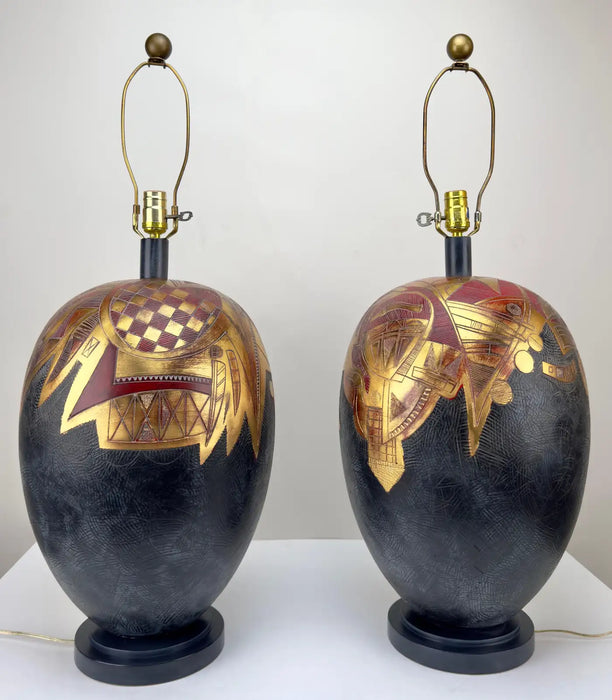 Frederick Cooper Mid Century Modern Ginger Jar Gold & Black Table Lamp, a Pair