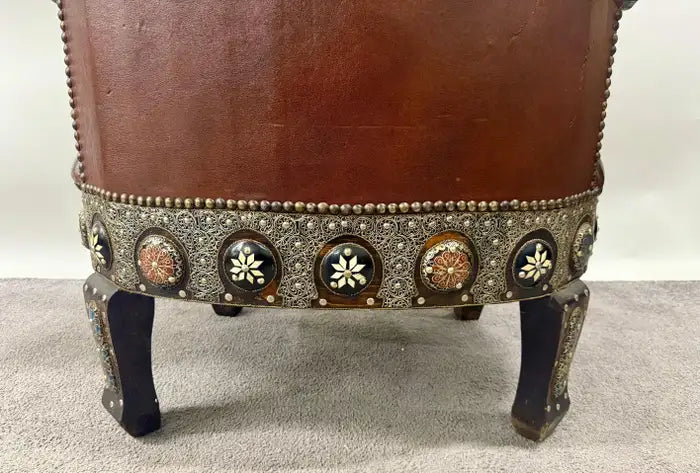 Portuguese Colonial Style Leather & Filigree Design Throne Chair