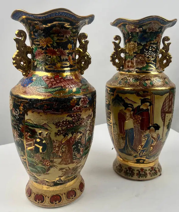 Vintage Royal Satsuma Japanese Hand-Painted Urn Style Vase, a Pair
