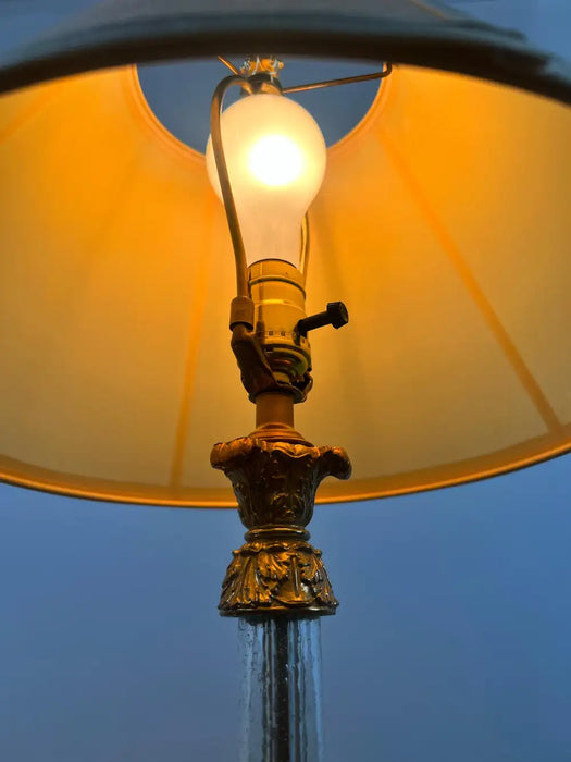 Vintage Empire Style Brass Fluted Crystal Column Table Lamp 1970's , a Pair