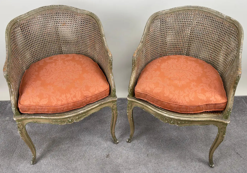 French Louis XV Style Cane Bergere Petite Salon Chair, a Pair Circa 1910's