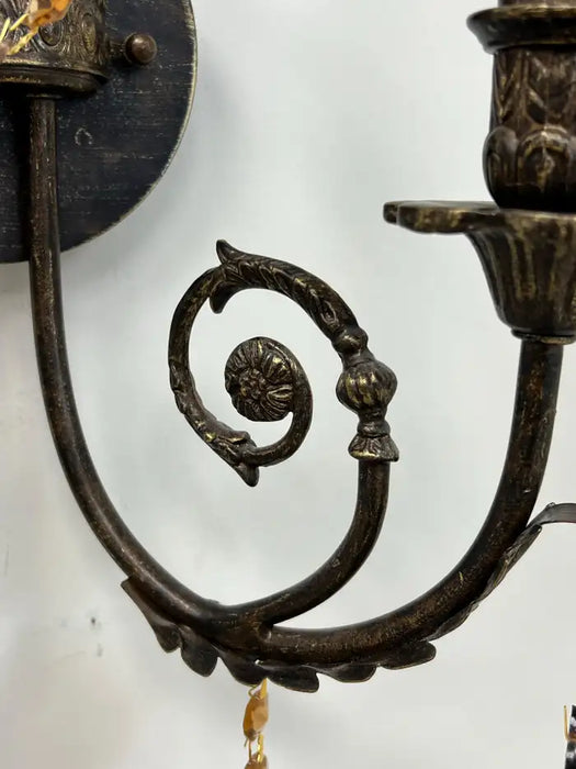 French Rococo Revival Cast Metal Bronzed Wall Sconce w Amber Crystal, Set of 4