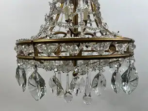 Vintage French Empire Style Gilt Bronze & Tiered Crystal & Beads Chandelier