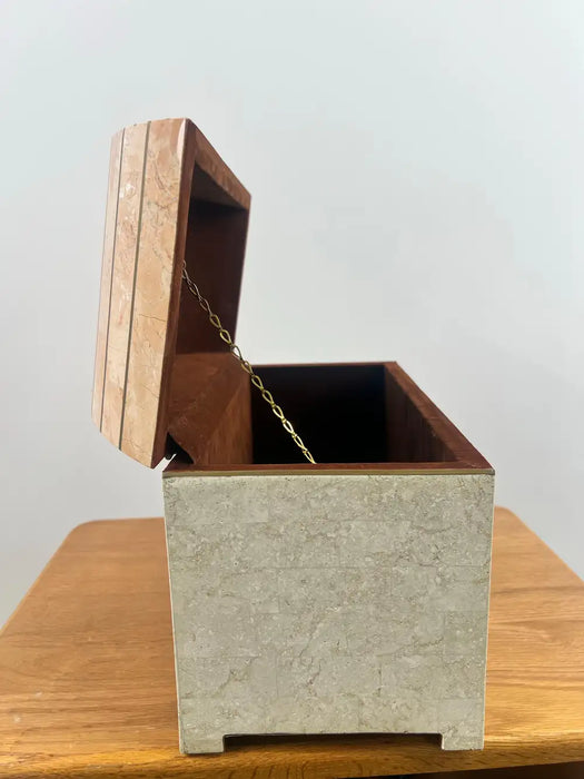 Art Deco Style Maitland-Smith Tessellated Pink Marble & Brass Chest, Jewelry Box