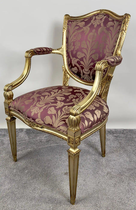 French Louis XVI Style Gilt & Plum Damask Pattern Upholstery Dining Chairs 10pcs