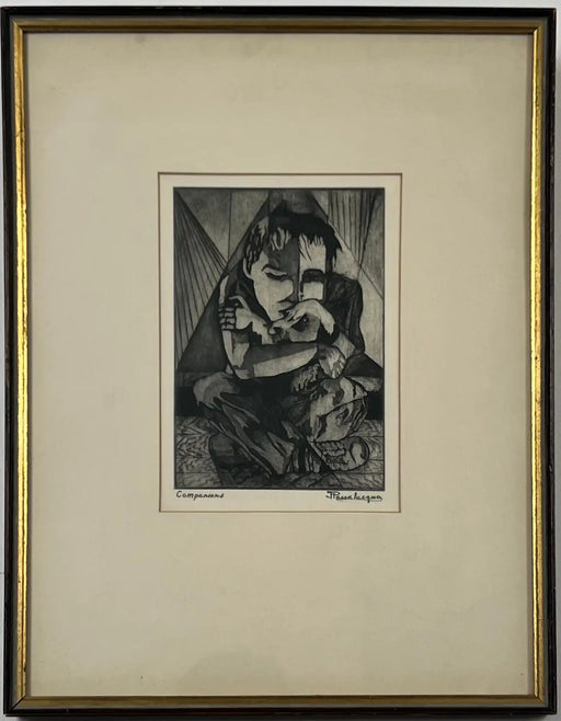 Figurative Abstract Etching on Paper Titled Companions by Jospeh Passalacqua 1950's