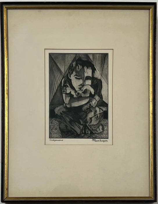 Figurative Abstract Etching on Paper Titled Companions by Jospeh Passalacqua 1950's