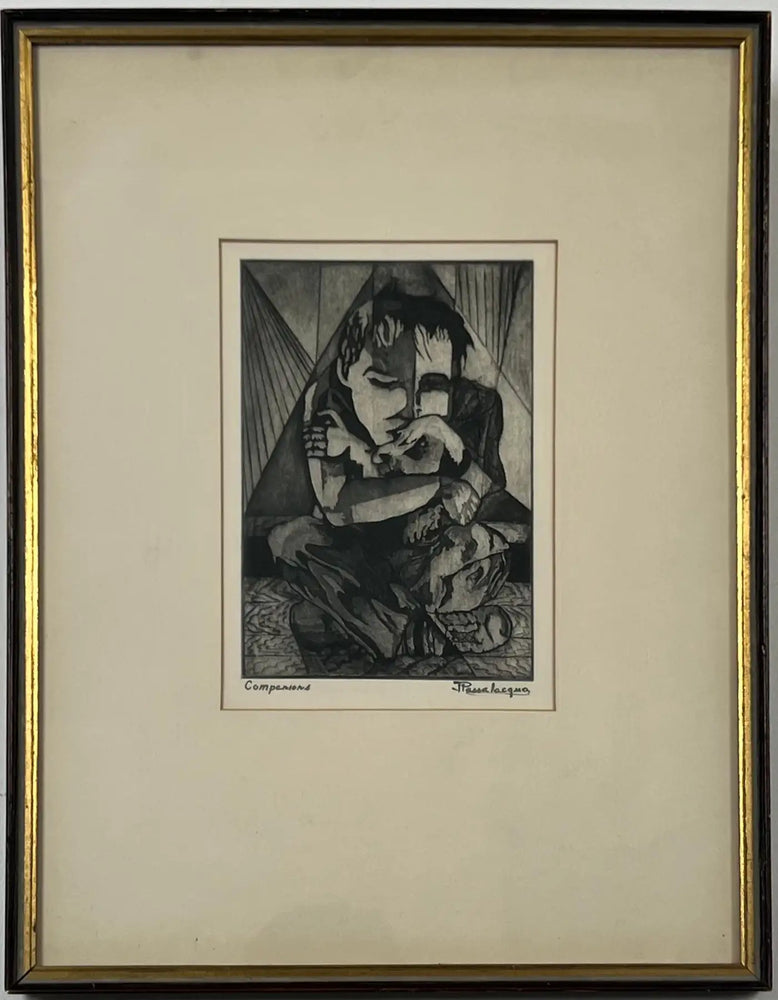 Figurative Abstract Etching on Paper Titled Companions by Jospeh Passalacqua 1950's