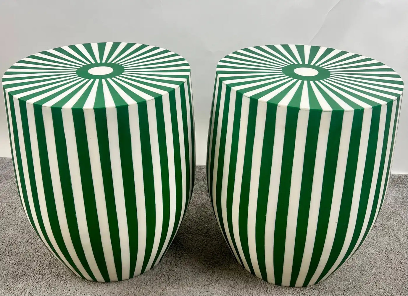Art Deco Style Green & White Cylindrical Resin Side, End Table or Stool, a Pair