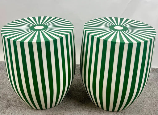 Art Deco Style Green & White Cylindrical Resin Side, End Table or Stool, a Pair