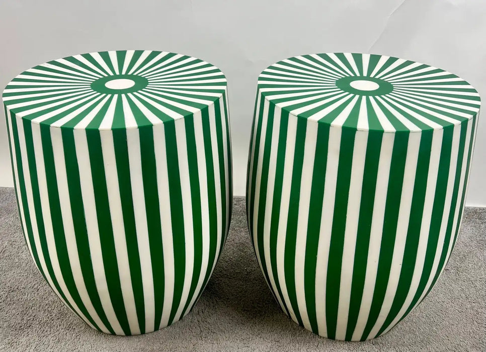 Art Deco Style Green & White Cylindrical Resin Side, End Table or Stool, a Pair
