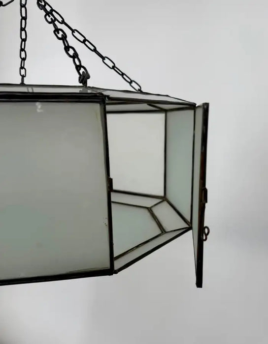 Art Deco Style White Milk Glass and Bronze Octagon Shape Pendant or Flush Mount