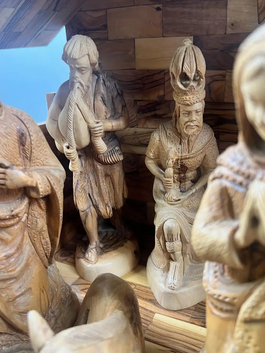 Religious Hand Carved Olive Wood Nativity Set with Stable, Holy Family, Wise Men