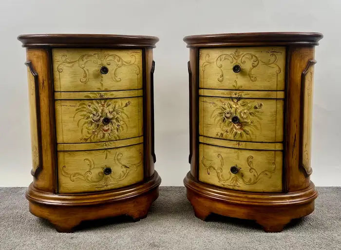 Louis XV Style French Provincial Hand Painted Oval Shaped Nightstand, a Pair