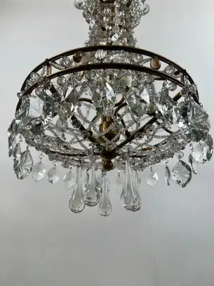 Vintage French Empire Style Gilt Bronze & Tiered Crystal & Beads Chandelier