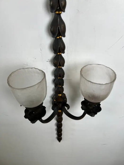 Art Nouveau Two Arms Bronze w Frosted Milk Glass Shades Wall Sconce, a set of 3