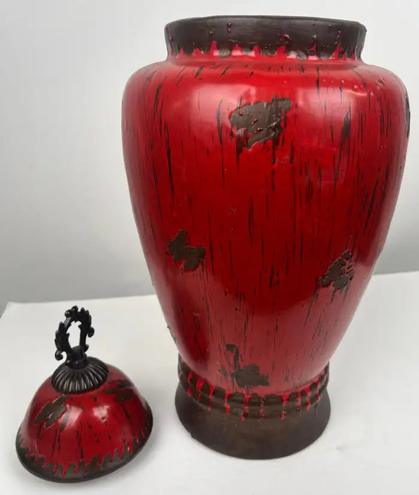 Vintage Chinese Oriental Red Pottery Vase with Lid in Antiqued Design