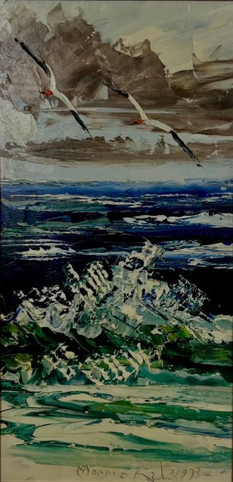 Morris Katz Seascape with Seagulls Textured Oil in Silver Frame, Signed 1973 1973