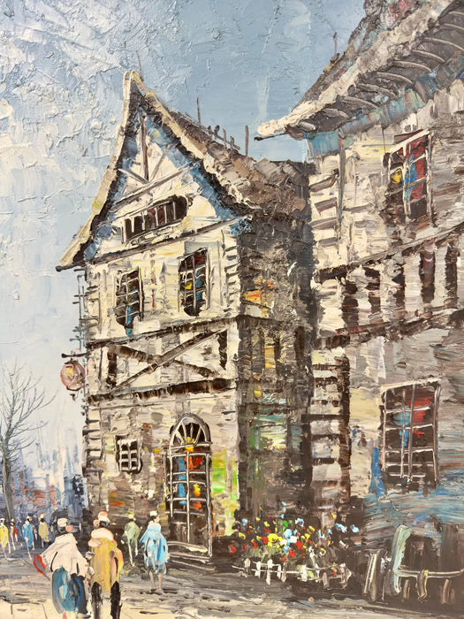 Impressionistic Oil on Canvas Painting of European Street Scene by L.I. Bernard