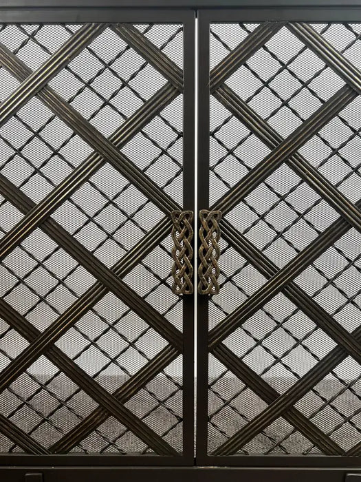 Art Deco Style Black & Bronzed Metal Two-Door & Diamond Design Fireplace Screen