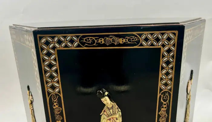 Asian Black Lacquer Hexagonal Side Table with Hand-Painted Gold & Figural Pane