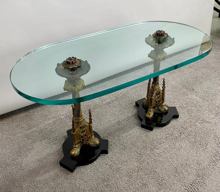 Italian Gothic Renaissance Style Brass Pedestals and Glass Top Coffee Table