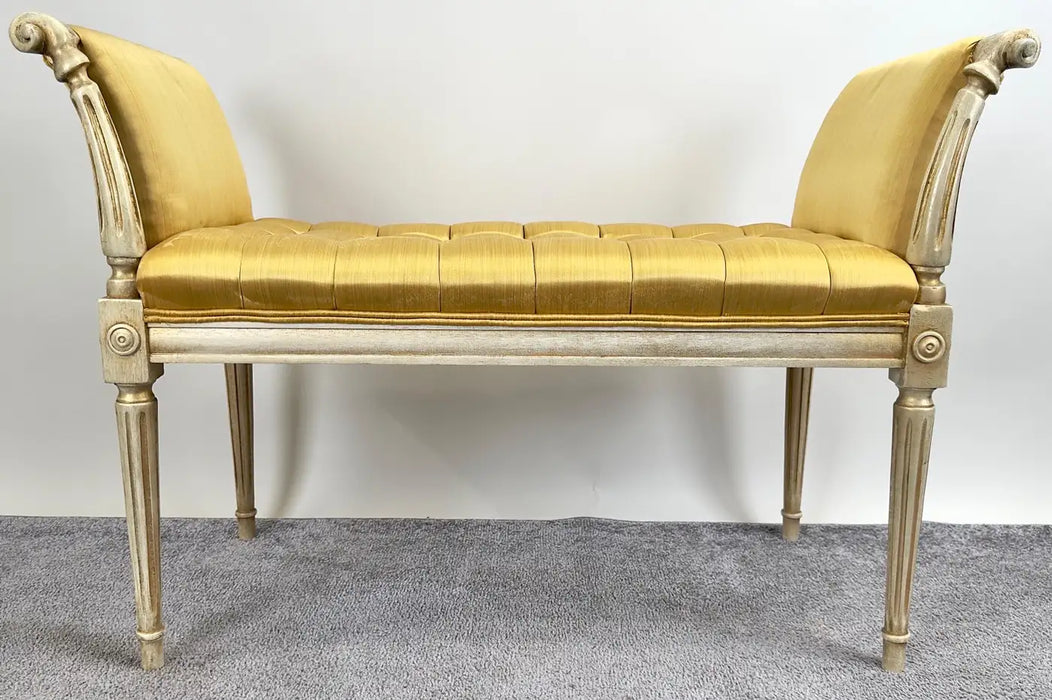 French Louis XVI Style Tufted Gold Upholstery Window Seat Bench