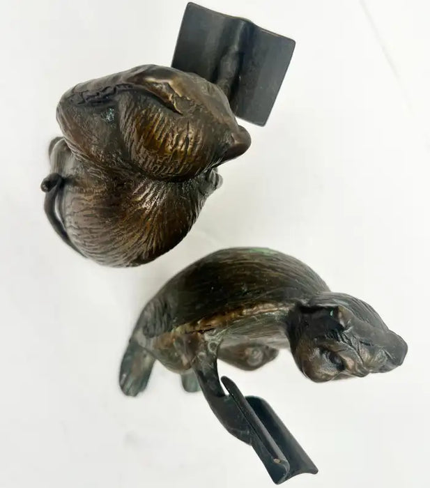 Vintage Brass Monkey Reading Book Figurine & Paperweight , a Pair