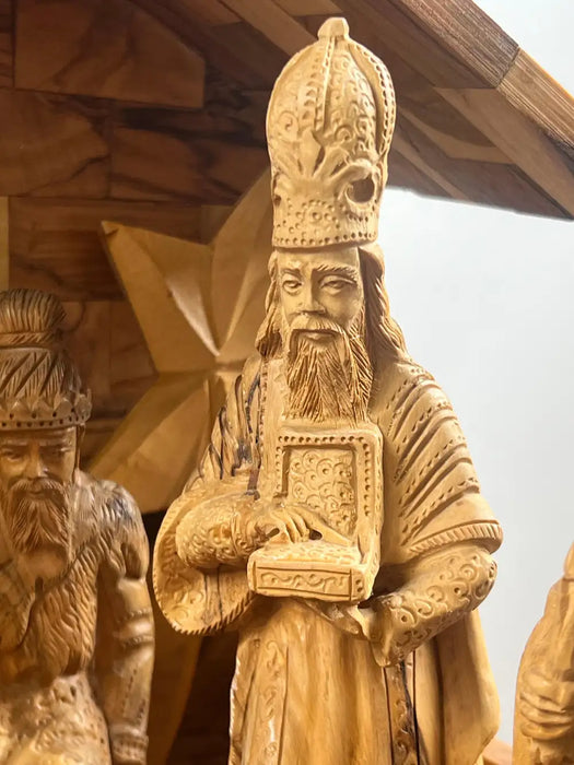 Religious Hand Carved Olive Wood Nativity Set with Stable, Holy Family, Wise Men