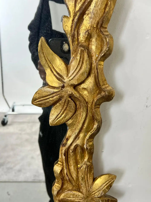 Antique Art Nouveau Giltwood Wall Mirror with Hand Carved Botanical Leaf Frame
