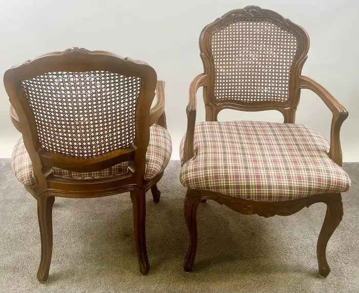 French Provincial Louis XV Style Cane Back with Plaid Upholstery Chair, a Pair
