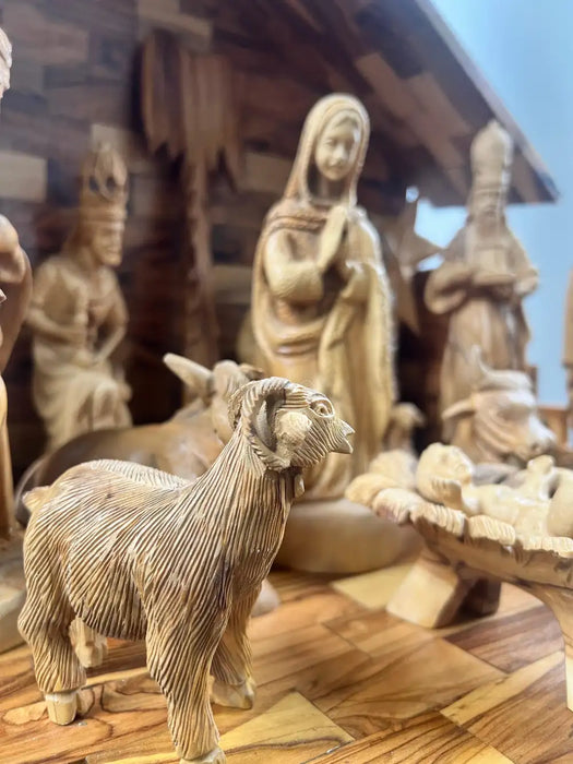 Religious Hand Carved Olive Wood Nativity Set with Stable, Holy Family, Wise Men