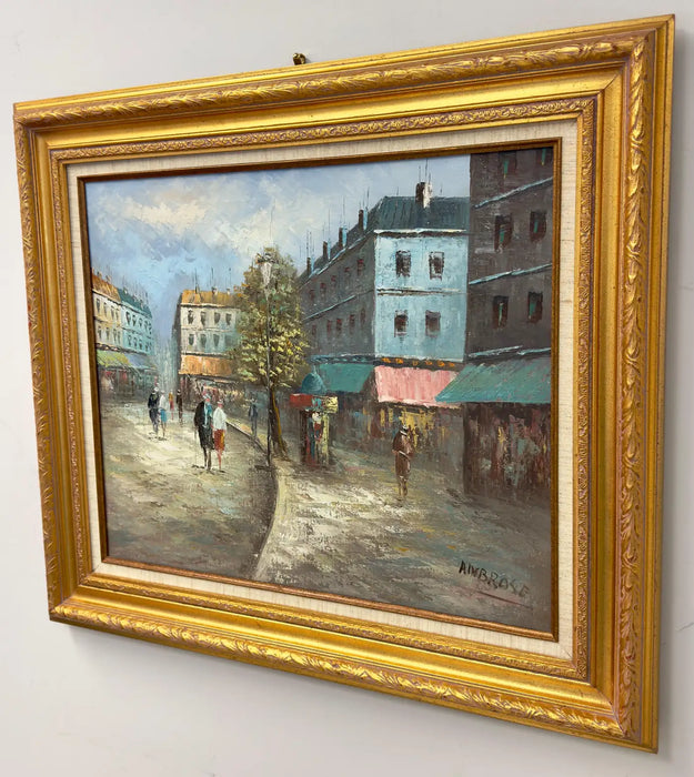 Modern Impressionist European City Street Oil on Canvas by Ambrose, Signed