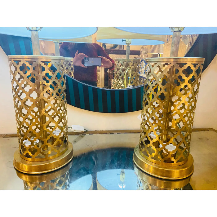Modern Moroccan Gold Brass Table Lamp Handmade, Bottom & Upper Light, a Pair