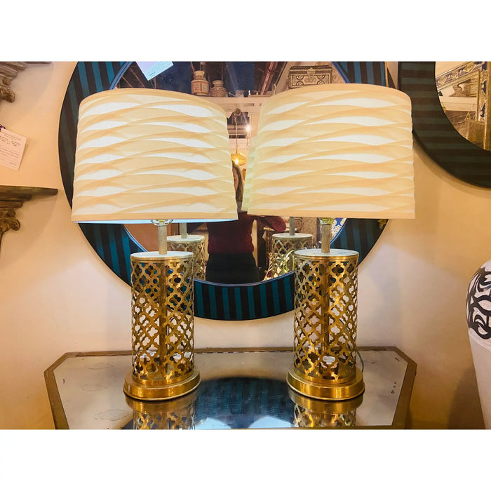 Modern Moroccan Gold Brass Table Lamp Handmade, Bottom & Upper Light, a Pair