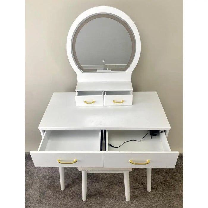 Modern White Lacquered Lady Vanity Desk With Matching Bench
