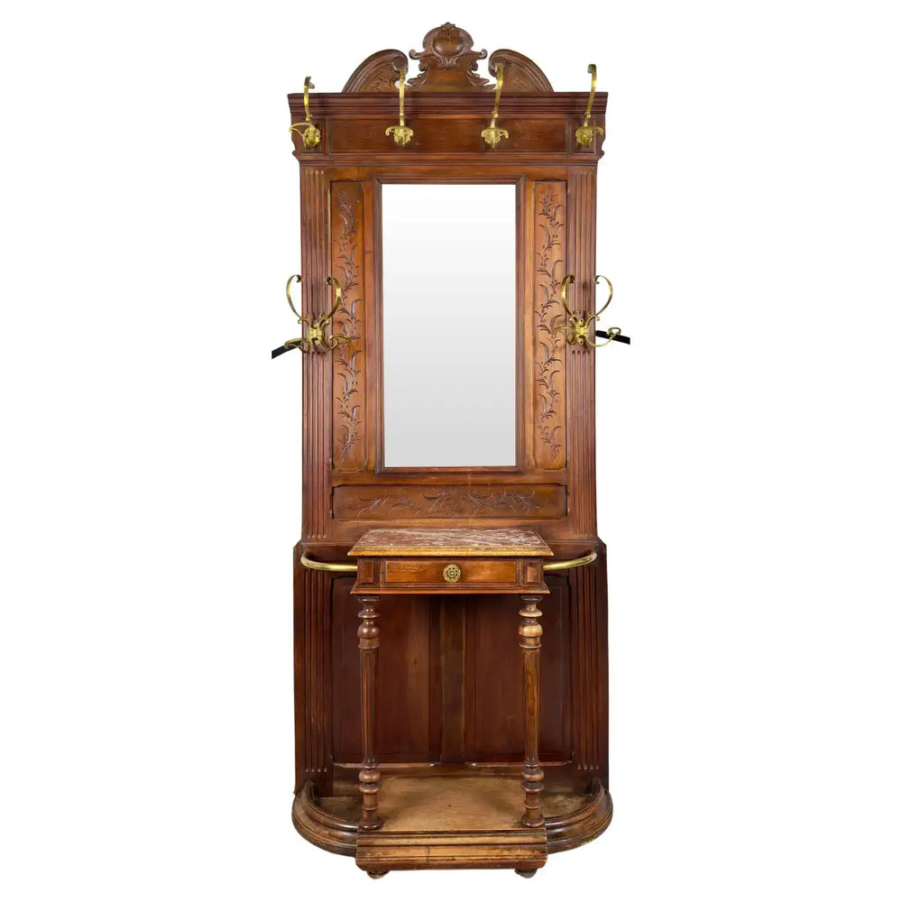 19th Century French Brass-Mounted Mahogany & Marble "Porte Manteau" Hall Tree