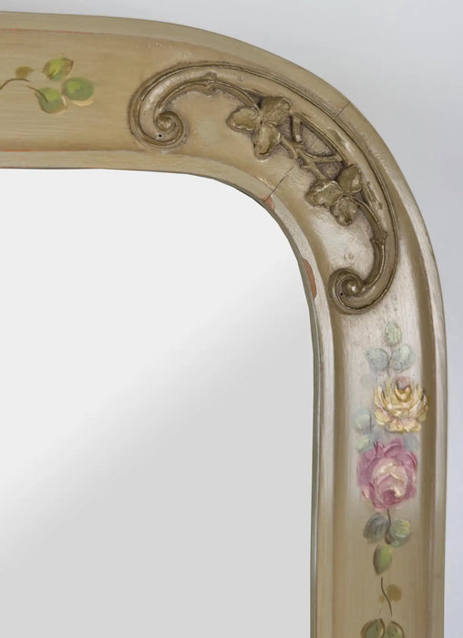 French Provincial Style Beige Hand Painted Floral Design Wall or Mantel Mirror